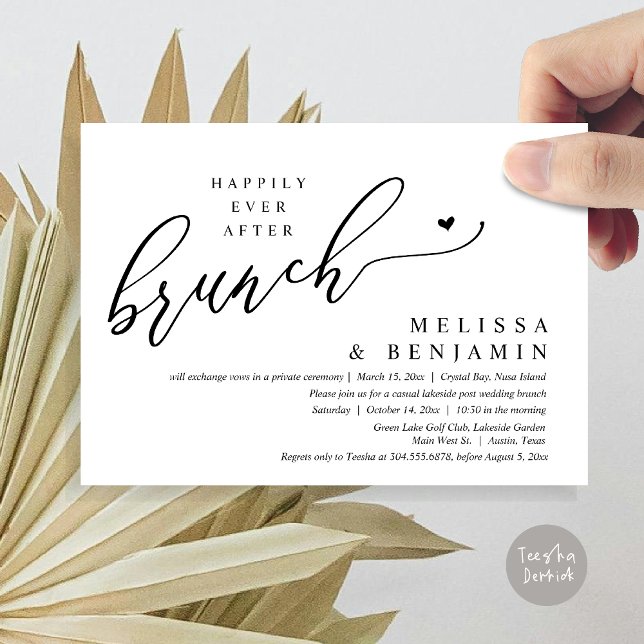 Happily Ever After Brunch Wedding Elopement Invitation (Happily Ever After Brunch, Modern Romantic Heart Wedding Elopement Card, PDF, in Black and White)