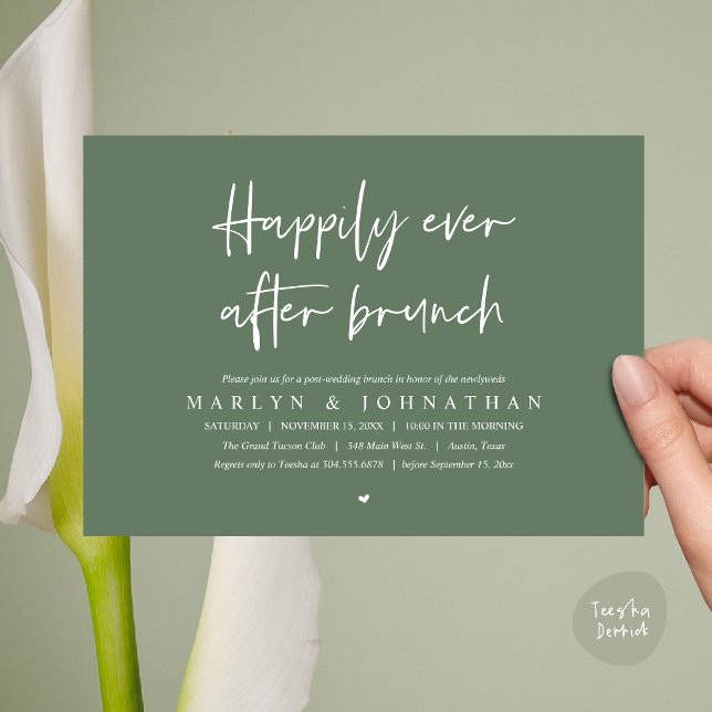 Happily Ever After Brunch, Wedding Elopement Invitation (Happily Ever After Brunch, Modern Romantic Post Wedding Invitation Card, PDF, Greenery sage green)