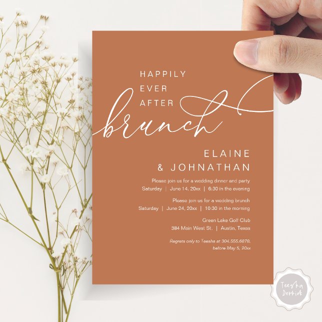 Happily Ever After Brunch, Wedding Elopement Party Invitation (Happily Ever After Brunch Invitation Card, PDF, in Modern Romantic Script, Copper Rust )