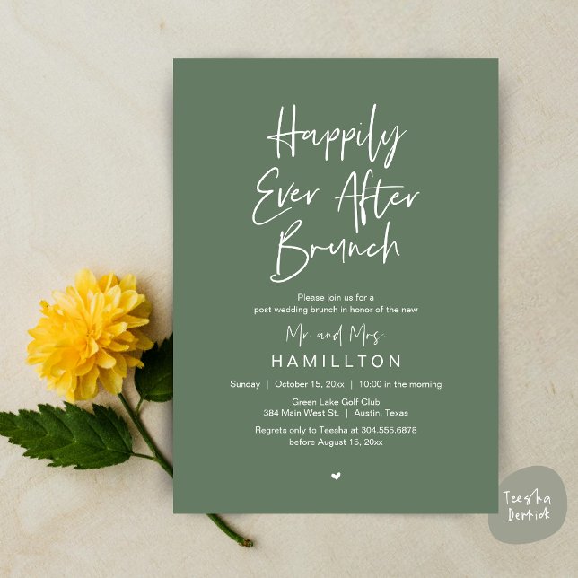 Happily Ever After Brunch, Wedding Elopement Party Invitation (Happily Ever After Brunch The Morning After Invitation Card PDF Newlyweds in Sage Green)
