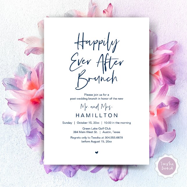 Happily Ever After Brunch, Wedding Elopement Party Invitation (Happily Ever After Brunch The Morning After Invitation Card PDF Newlyweds in Navy Blue)