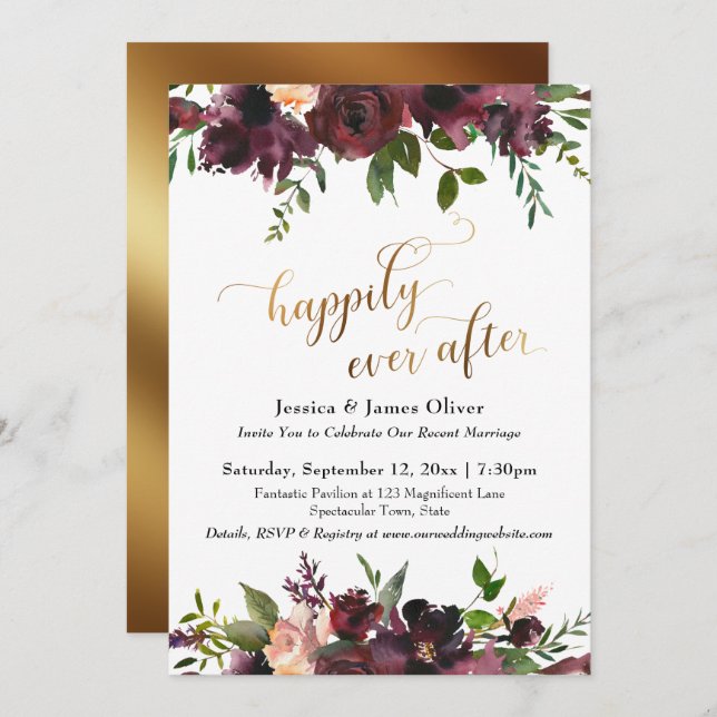 Happily Ever After Burgundy Red Floral Gold Script Invitation (Front/Back)