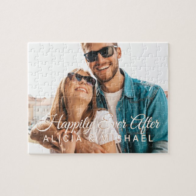 Happily ever after couple photo and custom text jigsaw puzzle (Horizontal)