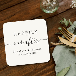 Happily Ever After Cream Wedding Square Paper Coaster