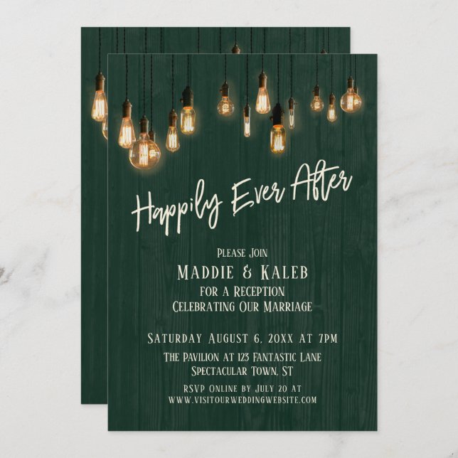 Happily Ever After Dark Green Wood Edison Lights Invitation (Front/Back)