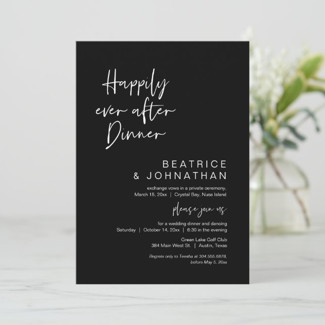 Happily Ever After Dinner, Elopement, Classy Black Invitation (Standing Front)