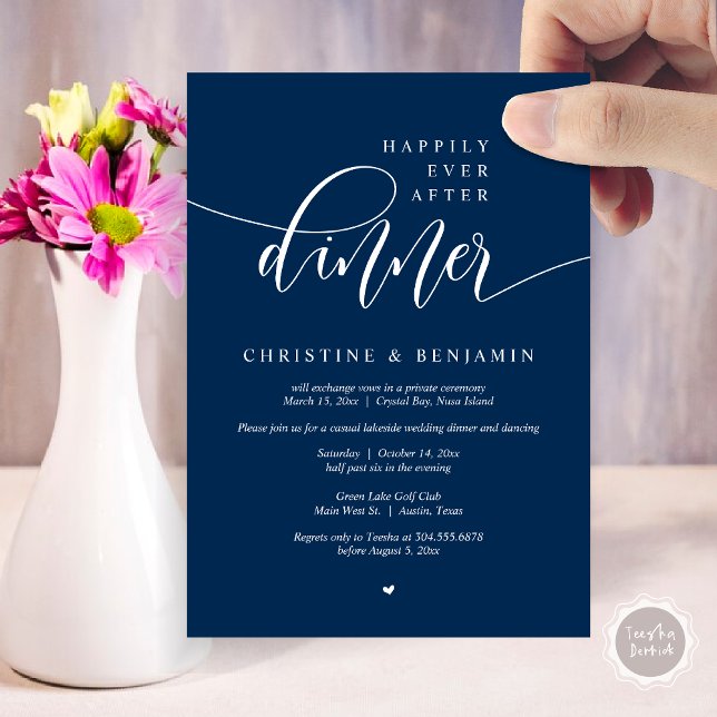 Happily Ever After Dinner, Elopement Modern Script Invitation (Happily Ever After Dinner, Modern Wedding Elopement Party Invitation Card, PDF, Navy Blue)