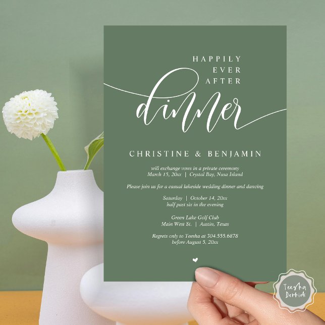 Happily Ever After Dinner, Elopement Modern Script Invitation (Happily Ever After Dinner, Modern Wedding Elopement Party Invitation Card, PDF, Forest Sage Green)