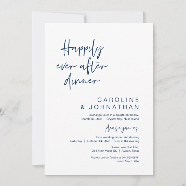 Happily Ever After Dinner, Elopement, Navy Blue Invitation (Front)