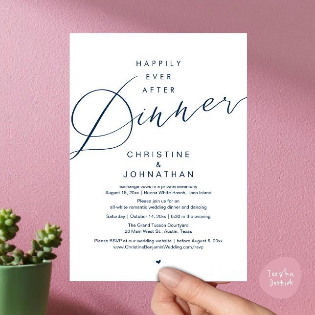 Happily Ever After Dinner, Modern Romantic Wedding Invitation (Happily Ever After Dinner, Modern Romantic Wedding Invites Card, PDF, Minimalist Clean, Navy Blue)