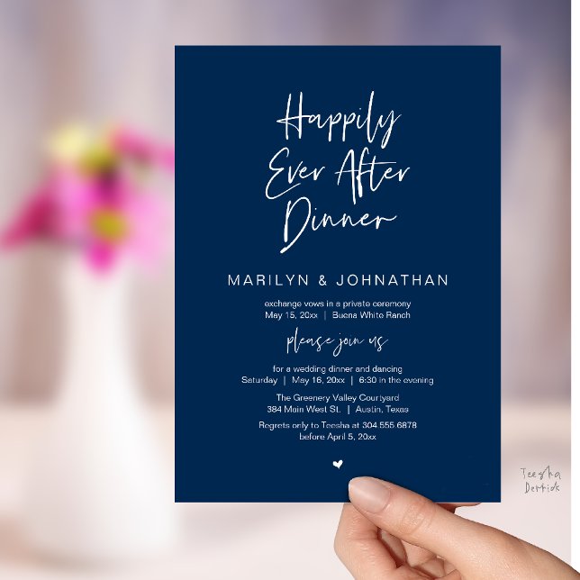 Happily Ever After Dinner Modern Wedding Reception Invitation (Happily Ever After Dinner Modern Minimalist Wedding Reception Invitation Card in Navy Blue)