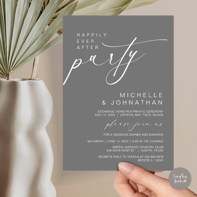 Happily Ever After Dinner Party, Wedding Elopement Invitation (Happily Ever After Party, Wedding Elopement Dinner Brunch Invitation Card, PDF, Dark Grey)