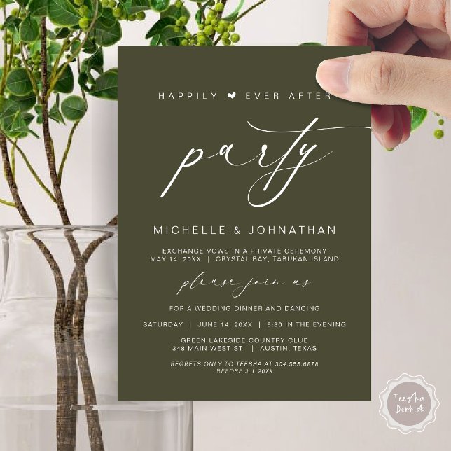 Happily Ever After Dinner Party, Wedding Elopement Invitation (Happily Ever After Party, Wedding Elopement Dinner Brunch Invitation Card, PDF, Olive Green)