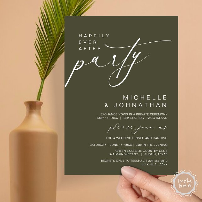 Happily Ever After Dinner Party, Wedding Elopement Invitation (Happily Ever After Party, Wedding Elopement Dinner Brunch Invitation Card, PDF, Olive Green)