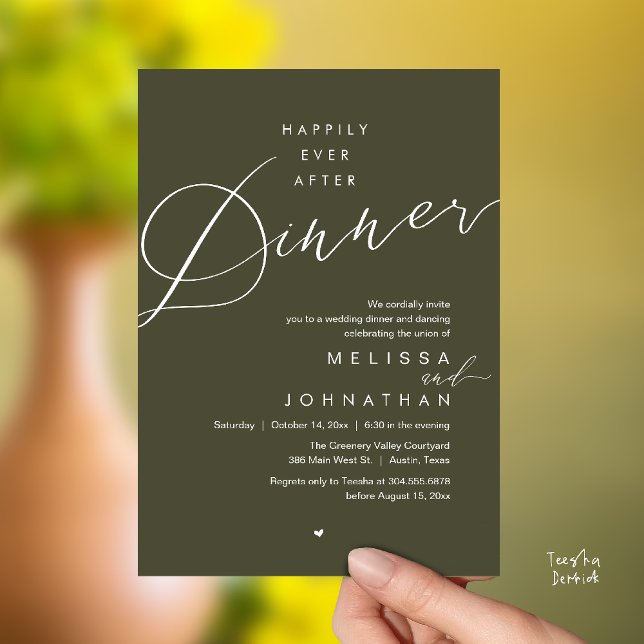 Happily Ever After Dinner Romantic Wedding Party Invitation (Happily Ever After Dinner Romantic Wedding Reception Party Invitation card in olive green)