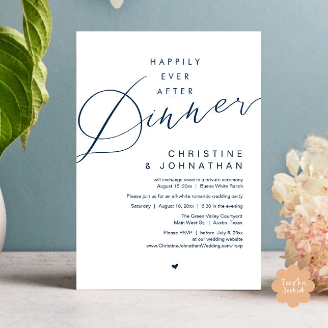 Happily Ever After Dinner Wedding Elopement Party Invitation (Happily Ever After Party Invitation Card PDF Modern Wedding Dinner Dancing Classy Navy Blue)