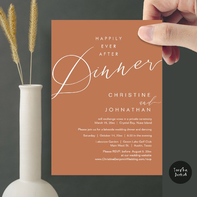 Happily Ever After Dinner Wedding Elopement Script Invitation (Happily Ever After Dinner Wedding Elopement Script Invitation Card, PDF, Modern Romantic, Copper)