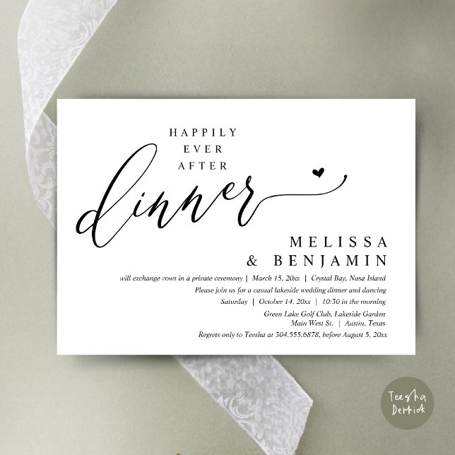 Happily Ever After Dinner Wedding Heart Invitation (Happily Ever After Dinner Invitation Card, PDF, Romantic Wedding Elopement, Lovely Heart, Black)
