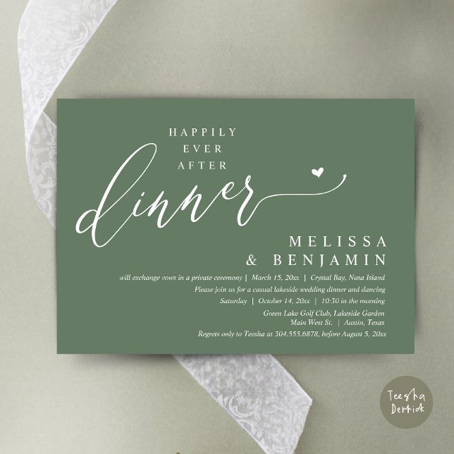 Happily Ever After Dinner Wedding Heart Invitation (Happily Ever After Dinner Invitation Card, PDF, Romantic Wedding Elopement, Lovely Heart, Sage Green)