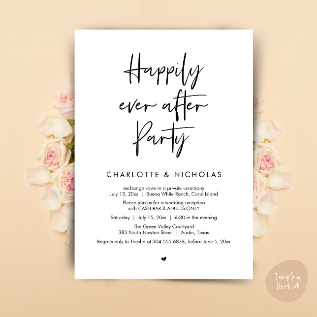 Happily Ever After Dinner Wedding Party Cash Bar Invitation (Happily Ever After Modern Dinner Wedding Reception Party Cash Bar Invitation Card PDF Black White)