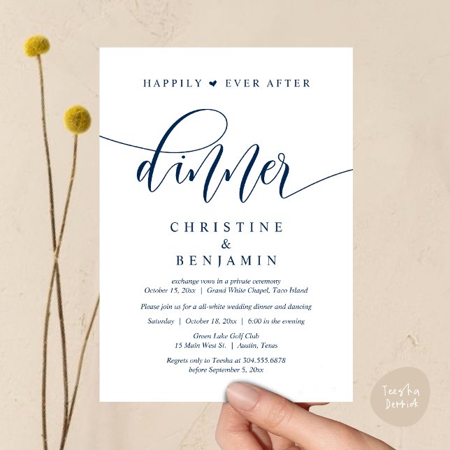 Happily Ever After Dinner, Wedding Party Dancing Invitation (Happily Ever After Dinner, Wedding Party Dancing Invitation Card PDF Modern Romantic Navy Blue)