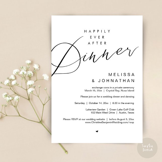 Happily Ever After Dinner, Wedding Party, in Black Invitation (Happily Ever After Dinner Invitation Card, PDF, Modern Romantic Wedding Elopement , in Black White)