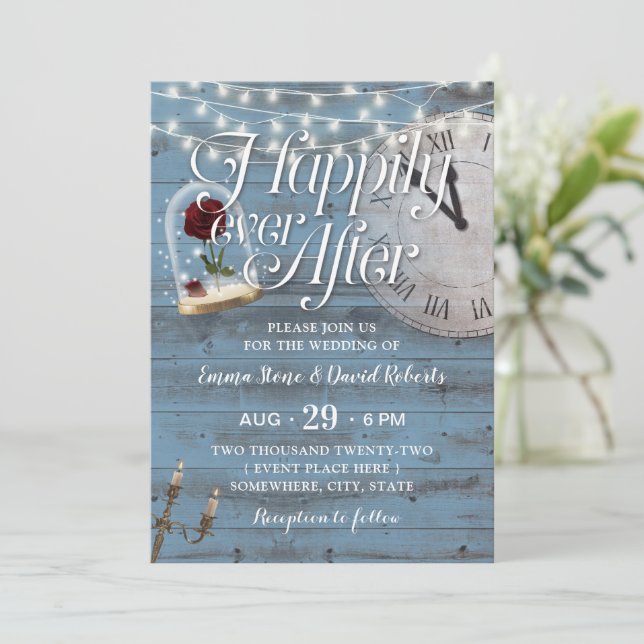 Happily Ever After Dusty Blue Fairytale Wedding Invitation (Standing Front)