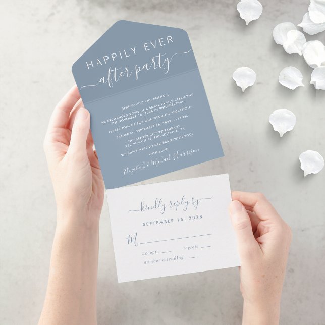 Happily Ever After Dusty Blue Wedding Reception All In One Invitation (An chic Happily Ever After Party all-in-one invitation for your wedding celebration)
