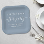 Happily Ever After Dusty Blue Wedding Reception Paper Plate<br><div class="desc">Chic dusty blue paper plates for your wedding reception and other post-wedding celebrations that feature "Happily Ever After Party" in simple modern white typography and an elegant white script with swashes,  your first names joined by a heart and your reception date.</div>