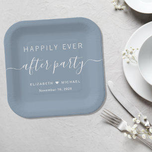 Happily Ever After Dusty Blue Wedding Reception Paper Plate