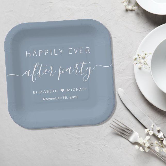 Happily Ever After Dusty Blue Wedding Reception Paper Plate (Creator Uploaded)