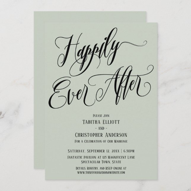Happily Ever After Elaborate Script Sage Green Invitation (Front/Back)