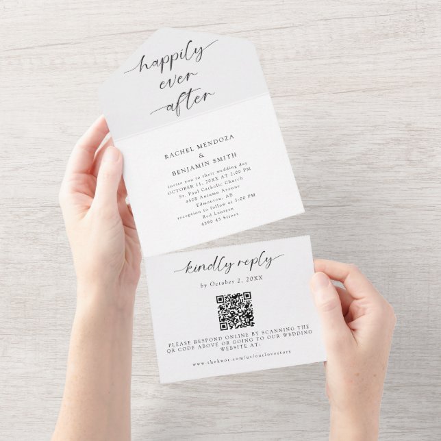 Happily Ever After Elegant Minimal QR Code Wedding All In One Invitation (Tearaway)