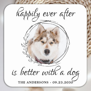 Happily Ever After Elegant Pet Photo Dog Wedding Square Paper Coaster