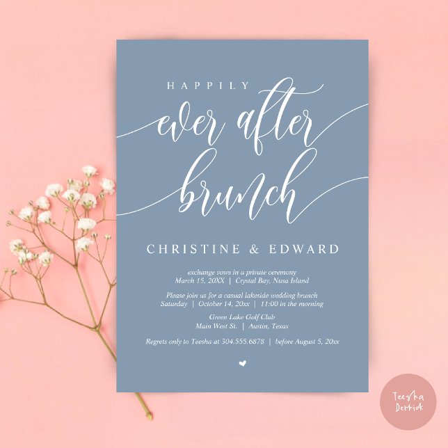 Happily Ever After Elopement Brunch, Dusty Blue Invitation (Happily Ever After Elopement Brunch Invitation Card, Post-wedding, PDF, in Dusty Blue)