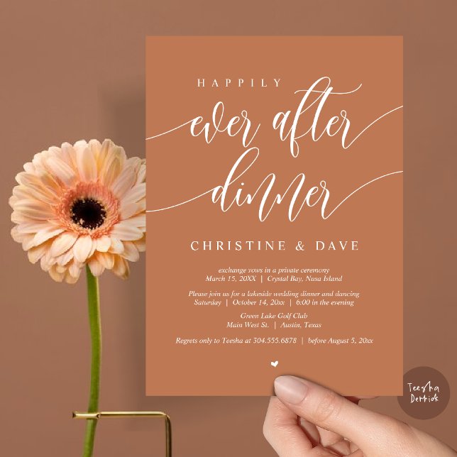 Happily Ever After Elopement Dinner, Copper Rust Invitation (Happily Ever After Dinner Invitation Card, PDF, Modern Calligraphy Script, in Copper Rust)