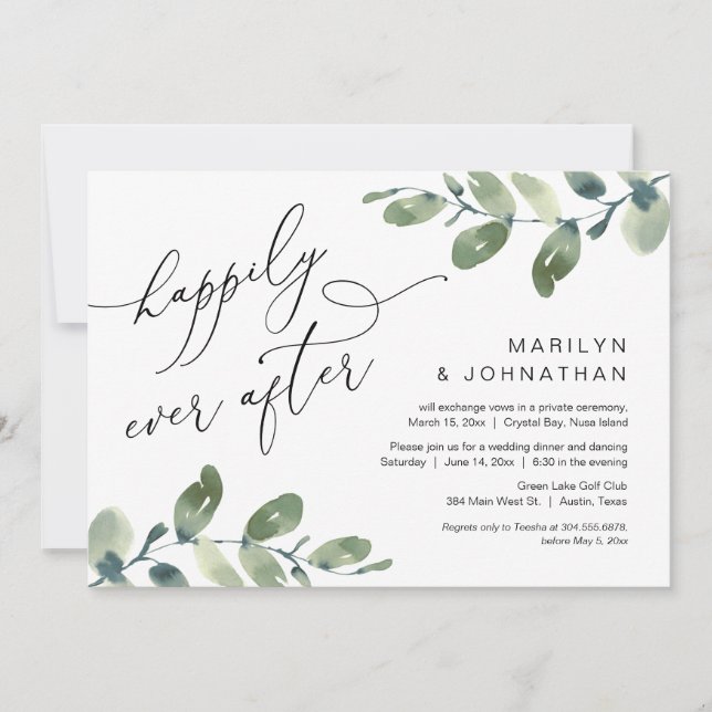 Happily Ever After Elopement Dinner Eucalyptus Invitation (Front)