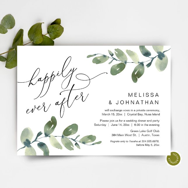 Happily Ever After, Elopement Dinner, Greenery Invitation (Happily Ever After, Post Wedding Elopement Dinner Invitation, Modern Romantic Greenery Eucalyptus)