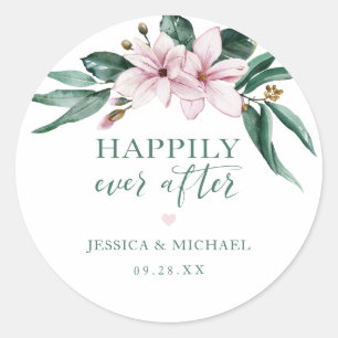 Happily Ever After Floral Pink Watercolor Magnolia Classic Round Sticker