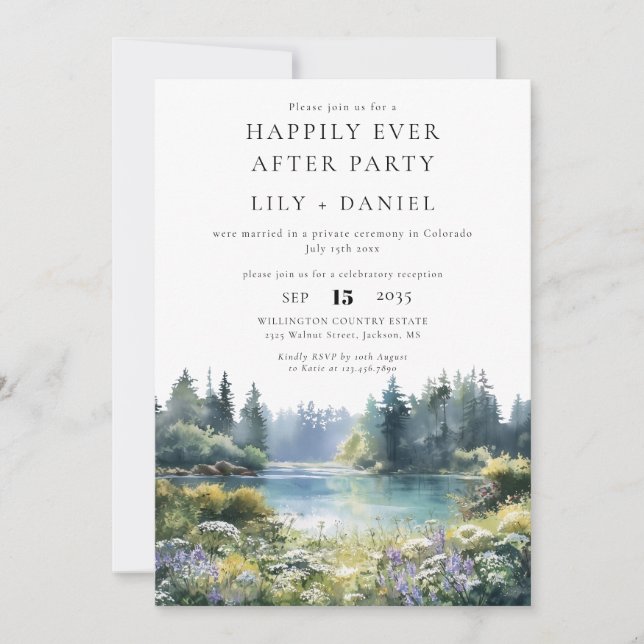 Happily Ever After Forest Lakeside Floral Wedding Invitation (Front)