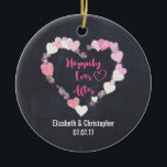 Happily Ever After Glittery Pink Hearts Wedding Ceramic Ornament<br><div class="desc">A wedding ornament with a romantic illustration of a bunch of little pink hearts with gold glitter forming a heart-shaped frame. Inside it says "Happily Ever After" in a trendy handwritten style font. Set on a black chalkboard background. Personalise with the bride and groom's names and wedding date.</div>