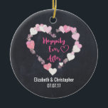 Happily Ever After Glittery Pink Hearts Wedding Ceramic Ornament<br><div class="desc">A wedding ornament with a romantic illustration of a bunch of little pink hearts with gold glitter forming a heart-shaped frame. Inside it says "Happily Ever After" in a trendy handwritten style font. Set on a black chalkboard background. Personalise with the bride and groom's names and wedding date.</div>