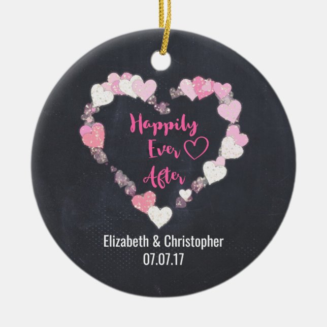 Happily Ever After Glittery Pink Hearts Wedding Ceramic Ornament (Front)