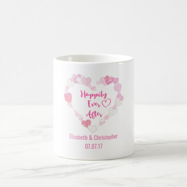 Happily Ever After Glittery Pink Hearts Wedding Coffee Mug (Center)
