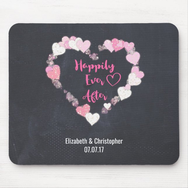 Happily Ever After Glittery Pink Hearts Wedding Mouse Pad (Front)