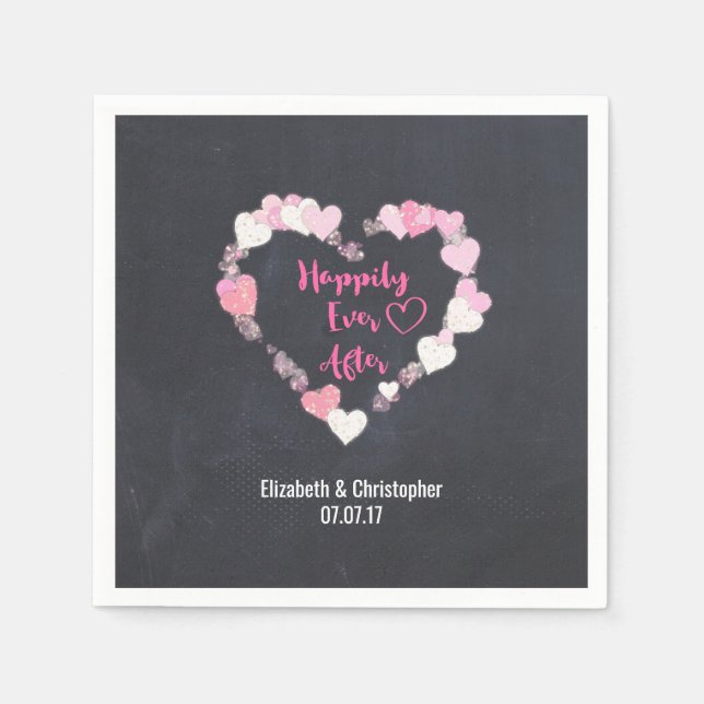 Happily Ever After Glittery Pink Hearts Wedding Napkin (Front)