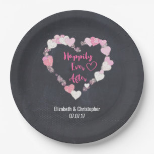 Happily Ever After Glittery Pink Hearts Wedding Paper Plate