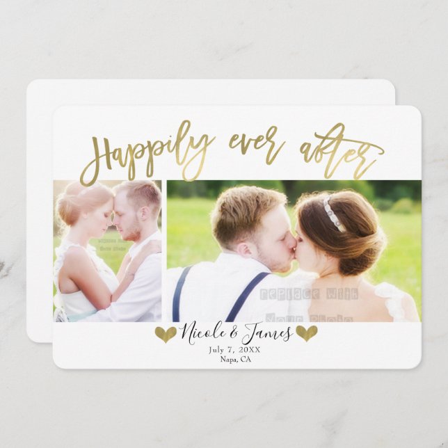 Happily Ever After Gold 2 Photo Wedding Engagement Invitation (Front/Back)