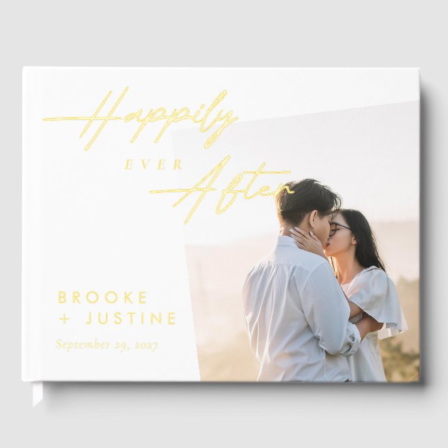 Happily Ever After Gold Foil Photo Wedding Guest Book (Front)