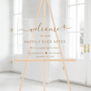Happily Ever After Gold Script Wedding Welcome Acrylic Sign
